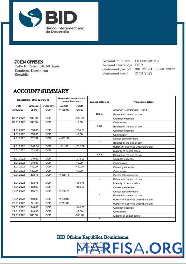 Printable Dominican Republic Bid bank statement word template
